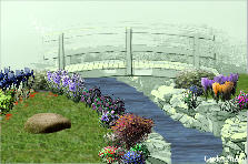 Garden design:Flowers around a stream Garden design:Bridge