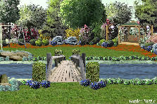 Garden design:bridge crosses stream to small yard with swing and pavillion, backdropped by trees and bushes. Garden design:i love my backyard
