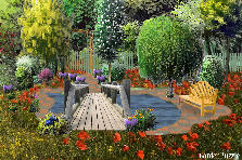 Garden design:pond in the middle, brige over pond, poppys, flowers and trees EVERYWERE hedges, fense etc Garden design:first go