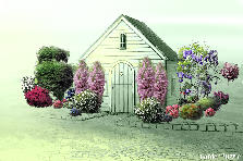 Garden design:Small house with many trees, shrubs, and flowers. Garden design:Garden House