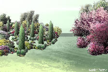 Garden design:Large garden with a slope with an Italian feel, opposite a cherry and almond orchard.
The spaces on the slope would be filled with gravel, as a path, so you could meander up and through the garden, to discover more hidden plants. Garden design:Italianate Slope Garden