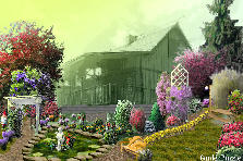 Garden design:Country Garden beside of calm waters. Garden design:Misty Morning