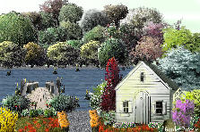 Garden design:Cottage beside of lake and boat dock. Garden design:Cottage By The Lake