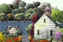 Garden design:Cottage beside of lake and boat dock. Garden design:Cottage By The Lake