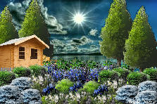 Garden design:blue and green Garden design:lake cottige