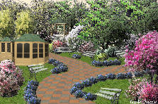 Garden design:A beautiful path to walk on the park between trees and flowers. Garden design:The Blue Path
