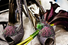 Garden design:Black Cherry Calla's are my most FAVORITE Flower, so I added some foliage to the mini bouquet. They are so elegant and come in a variety of gorgeous colors. I also love SHOES and I added a Snow Queen Floral bush to give these shoes more pop against the bling. As you can see I love over the top kind of things! :D Garden design:Snow Queen Button Bridal Shoes W/ Calla Bouqu