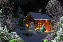 Garden design:Little cabin in the woods in the dead of winter. Lot's of snow outside, but cozy inside.... Mr. Snowman seems happy. Garden design:Little Cabin in The Woods