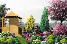 Garden design:Sobre césped, un jiosko de madera clara , tulipanes rosas, tzinias, rododendros, amarantos, árbloles de follaje en tonos rosados Garden design:jardin de descanso
