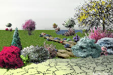 Garden design:o projeto contempla um jardim para contemplar. Apresenta várias plantas com caracteristicas especificas para solos neutros, alcalinos e ferteis. Existe um caminho perdendo-se na relva feito em relva. Um lago perde-se no horizonte, delimitado pela relva e algumas plantas. Arvores e arbustos perdidos pelo espaço. Faltam bancos. Garden design:Jardim de Contemplação