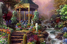 Garden design:Walking into an old Greek picture with an ancient cobble stone staircase leading up to a golden antique gazebo, set with garden chairs, and a statue, roses hanging from above, flowering trees, bushes, and shrubs all around you..... is something only the romantic dreamer at heart can do... no one else can.... look around, see the brook, the flowers, the sights, and walk in, and sit down back in time, and enjoy. Garden design:Old Greek Gazebo