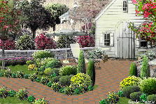 Garden design:We have a bed of pink zinnias along the wall and flower beds with hydrangeas at the door. Garden design:Pink zinnias