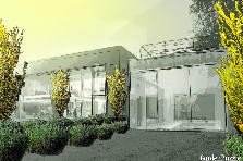 Garden design:Exploring and emphasizing the lines of the architecture and the minimalist/zen conceit. Garden design:Future Minimalist Landscape