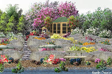 Garden design:just a humble rock garden down to a small beach with a place to rest. A lovely little eating place at the top of the hill and a gazebo to relax in is there for your enjoyment... a nice day at a lakeside beach. Garden design:Rock garden to the beach