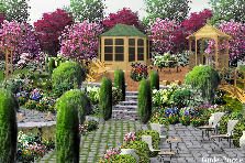Garden design:no story have to run... friends in the car waiting... sorry. Finally got to come back and finish what i wanted to do... had to save it half finished. Patio dining/sitting area, and a bar area on the other side of the down stairs patio, the deck has an inside bar/cafe, and the gazebo and a little outside eating area up on the deck and down on the grass beside the pond. 2bridges and an arbor. whew.. finished =) Garden design:garden pardise