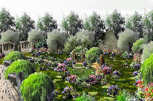 Garden design:A swamp is a swamp, right? Not this little beauty. It can be just what you make it. Lots of flowers, little places to skip across the water on the stones to a snuggly little island with a peaceful little place to relax. Twin cabins just off the twin bridges, invite you flowers and lovely hung trees. No alligators here. Maybe the odd frog or two, but I wouldn't chance kissing one, just in case.....=) Garden design:Little Swamp Tuck a Way