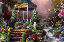 Garden design:Walking into an old Greek picture with an ancient cobble stone staircase leading up to a golden antique gazebo, set with garden chairs, and a statue, roses hanging from above, flowering trees, bushes, and shrubs all around you..... is something only the romantic dreamer at heart can do... no one else can.... look around, see the brook, the flowers, the sights, and walk in, and sit down back in time, and enjoy. Garden design:Old Greek Gazebo
