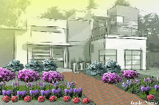 Garden design:By planting the purple and pink flowering plants in rows along the yard, a pattern is formed. The rows are ordered so that all plants can be seen from the front, allowing the full arrangement to be viewed. Garden design:Jospeh Reinhart - Rhythm and line