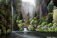 Garden design:While canoing one misty morning long ago, I discovered the most beautiful pool of water with waterfalls everywhere, just pouring out of lush green moss hills and covered etched out mountain sides. I decided to place my paradise getaway here secretly and did. I come back in my canoe to this mystic misty place often, with the lush surroundings. Garden design:Little Paradise Getaway Between The Mountains