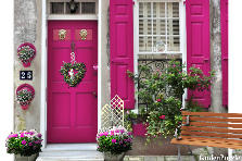 Garden design:I made a heart door wreath out of Trda Tulips and a arbor for hanging. Also add more of my lion head door knockers, dont know if they look quite right but I add anyhow..haha Garden design:Hot pink Doors